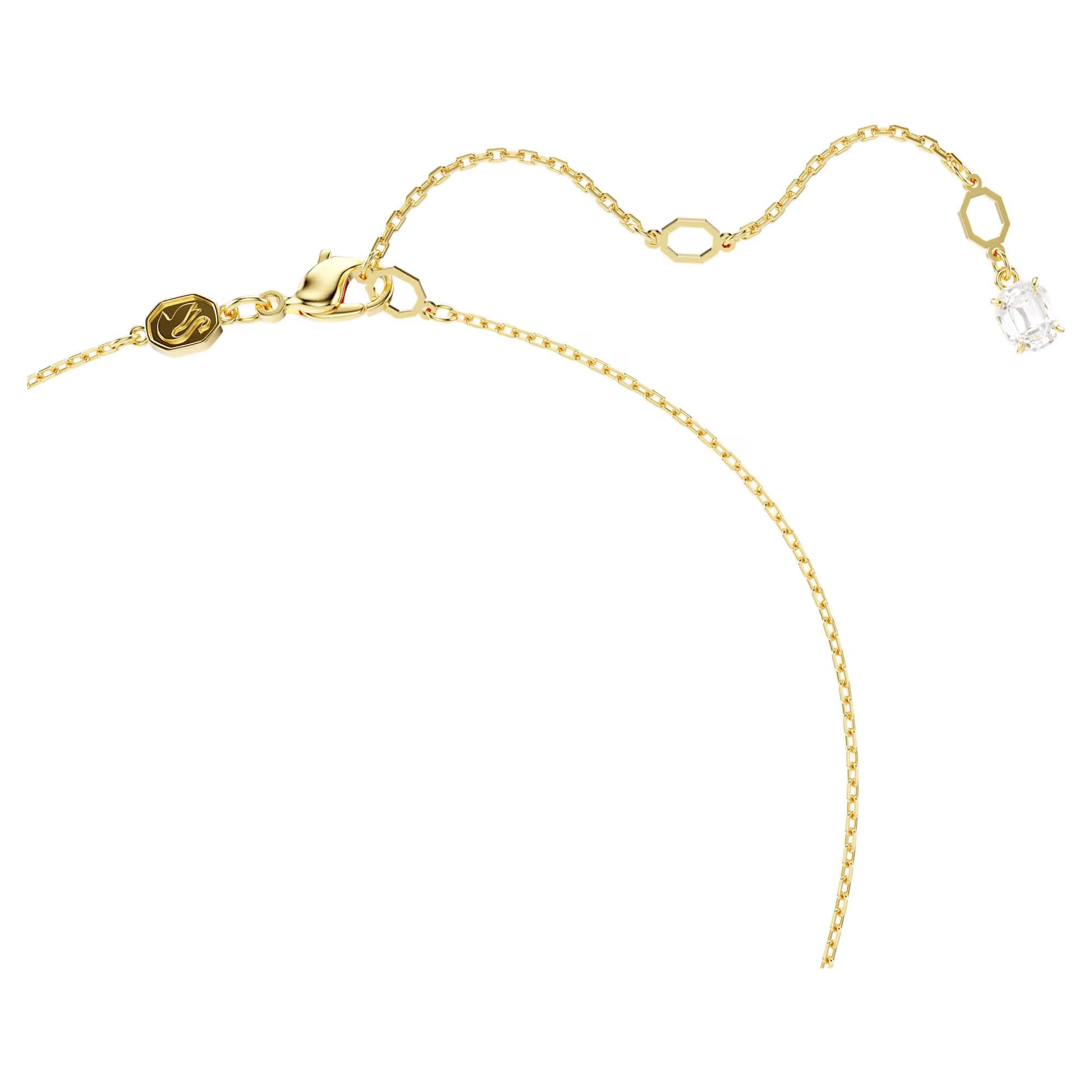 Introducing the Swarovski Stilla Attract Necklace Pendant by Swarovski, featuring a delicate gold-tone plated chain with small geometric links and a secure lobster clasp. An emerald-cut Swarovski Zirconia pendant elegantly dangles from one end of the necklace.