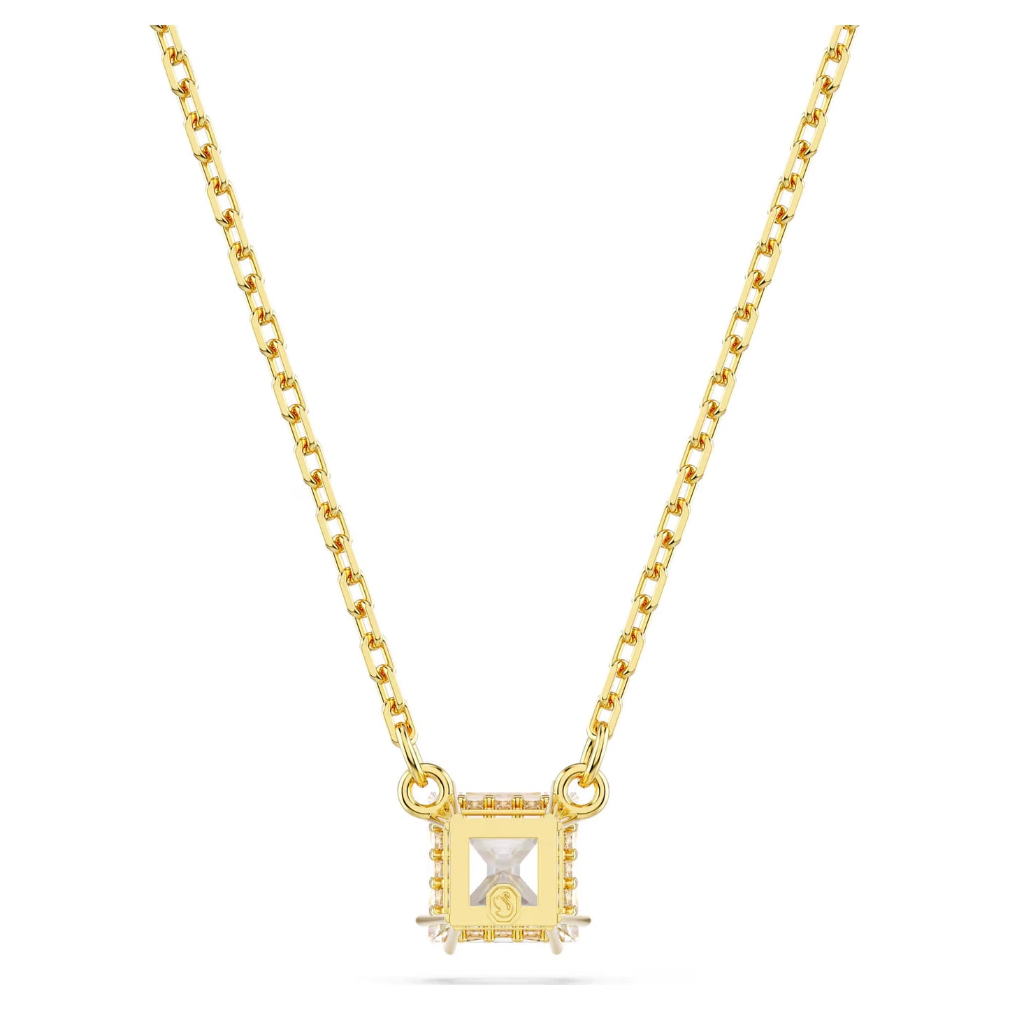 The Swarovski Stilla Attract Necklace Pendant from Swarovski showcases a gold-tone plated design. It features a square-shaped pendant embellished with a central Swarovski Zirconia and smaller diamonds at each corner, elegantly suspended from a delicate gold chain.