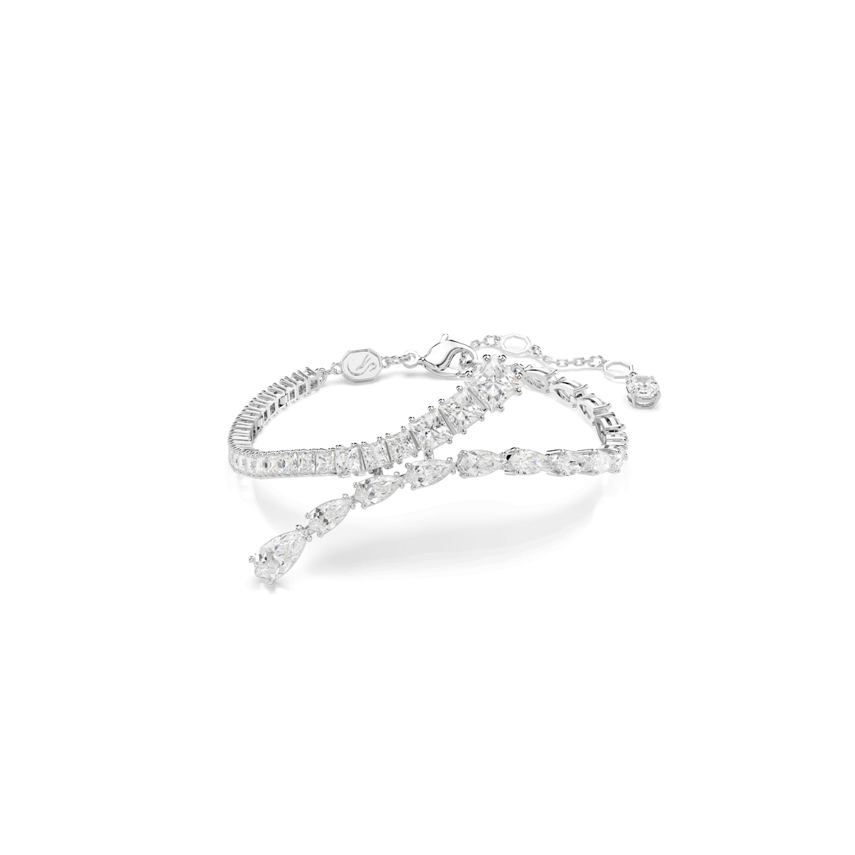 Two elegant Swarovski Matrix bracelets, crafted in rhodium-plated silver with sparkling white gemstones—one adorned with round stones and the other showcasing a mix of marquise and teardrop-shaped gems—are displayed on a plain white background.