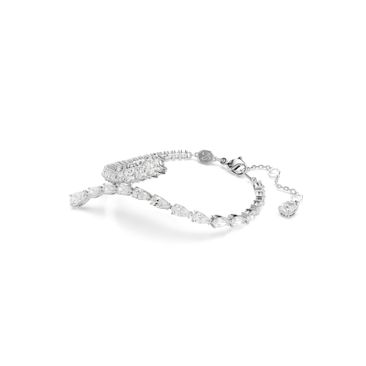 The Swarovski Matrix bracelet, featuring mixed cut clear gemstones and rhodium plating, is displayed on a plain white background.