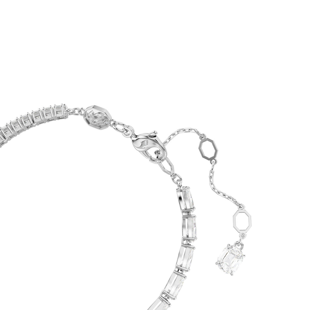 A close-up of the Swarovski Matrix bracelet Mixed cuts in white, featuring rectangular gemstones and an adjustable rhodium-plated clasp with a dangling chain ending in a gemstone charm, set against a plain white background—available from an official Swarovski retailer.