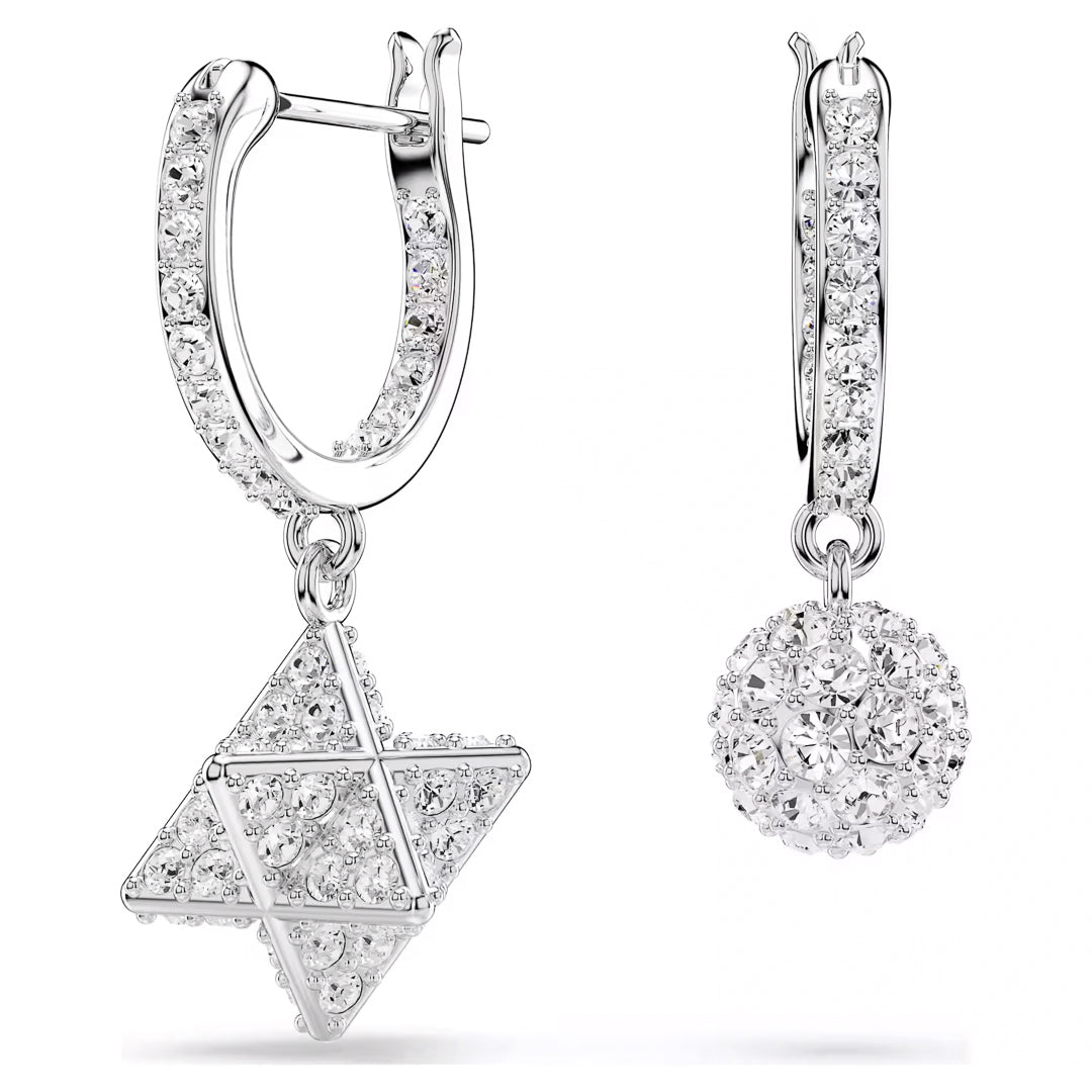 The Swarovski Dextera Hoop Earrings by Swarovski are rhodium-plated pierced earrings featuring cubic zirconia stones. One earring features a star-shaped pendant, while the other displays a spherical pendant, with both pendants elegantly adorned with clear crystals for added sparkle.
