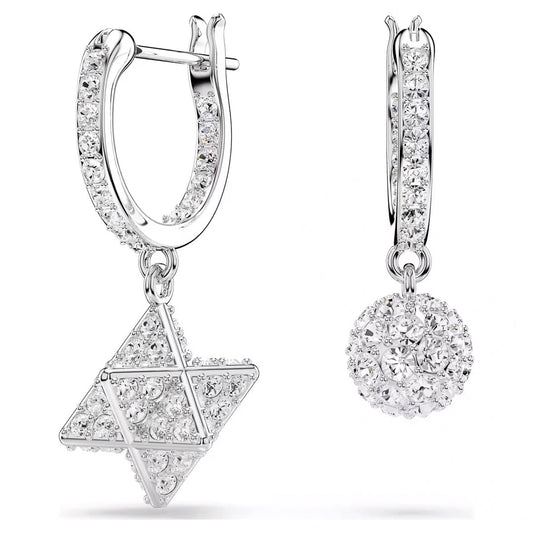 The Swarovski Dextera Hoop Earrings by Swarovski are rhodium-plated pierced earrings featuring cubic zirconia stones. One earring features a star-shaped pendant, while the other displays a spherical pendant, with both pendants elegantly adorned with clear crystals for added sparkle.