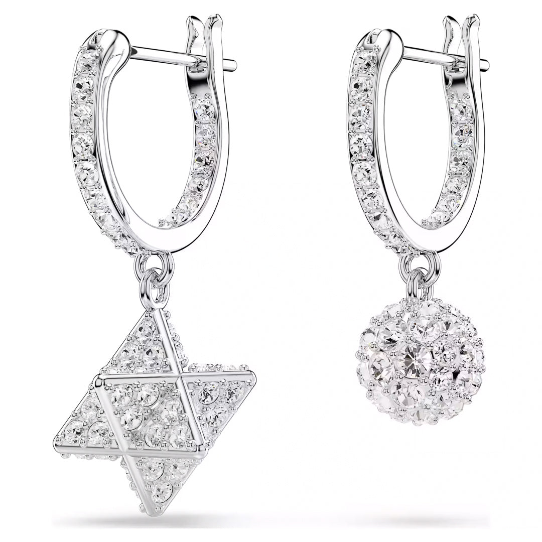 Introducing the Swarovski Dextera Hoop Earrings, a stunning pair by Swarovski. One earring showcases a dangling Star of David charm, while the other features a round, textured ball charm. Both rhodium-plated silver hoops are designed for pierced ears and are embellished with clear, sparkling crystals for an elegant finish.