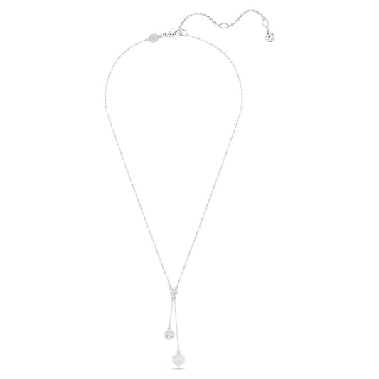 The Swarovski Dextera Necklace Pendant by Swarovski is a refined silver necklace showcasing a lariat design adorned with two small, shimmering Curiosa pendants. Its adjustable chain closure offers customizable length, while pavé crystals add an elegant and minimalist touch.