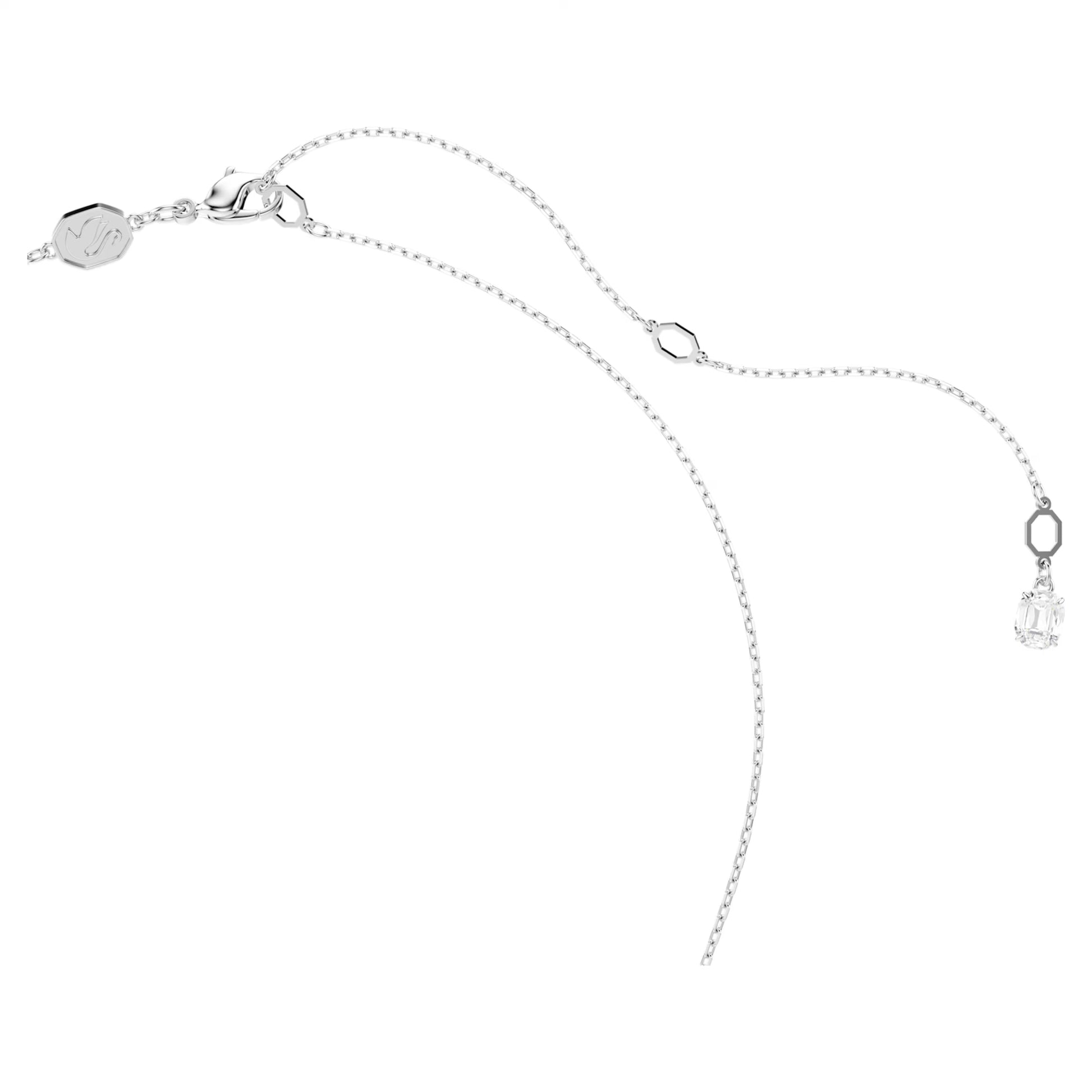 Introducing the Swarovski Idyllia Necklace Pendant and Brooch, a stunning piece from Swarovski. This exquisite silver necklace features a minimalist design with an adjustable, rhodium-plated chain adorned with a small hexagonal charm near the clasp. The highlight is an elegant teardrop-shaped Swarovski Zirconia pendant, making it the perfect accessory for any outfit.