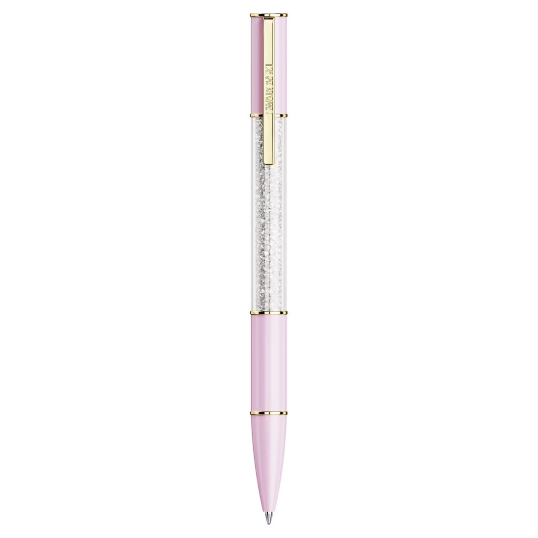 Introducing the Swarovski Crystalline Lustre Ballpoint Pen: a sleek masterpiece in pink with gold accents and a clear barrel filled with glittering crystals, offering an elegant touch of sophistication.
