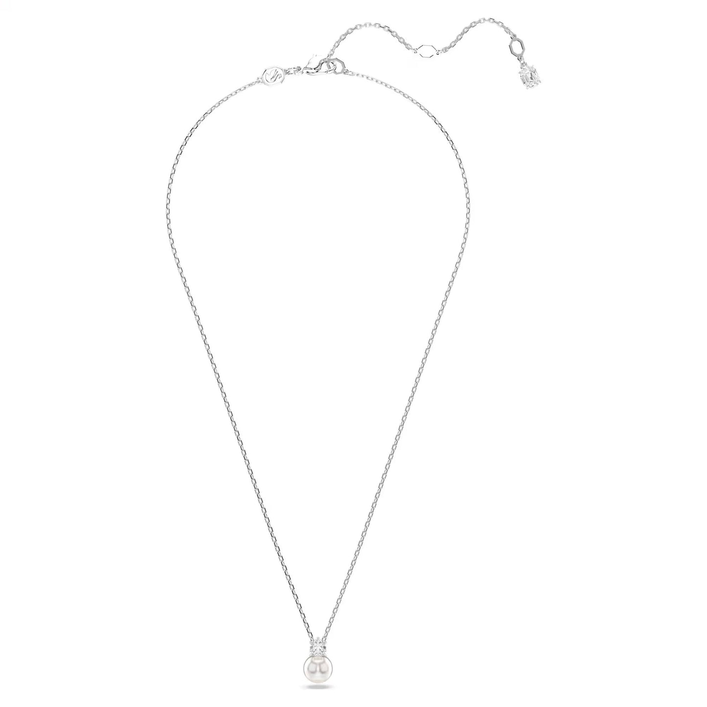 The Swarovski Matrix Necklace Pendant by Swarovski showcases a slender silver chain with a minimalist pendant featuring an interlocking double-circle design that resembles a stylized "G" motif. The pendant is embellished with shimmering Swarovski Zirconia, exuding elegance, while its adjustable clasp guarantees a perfect fit.