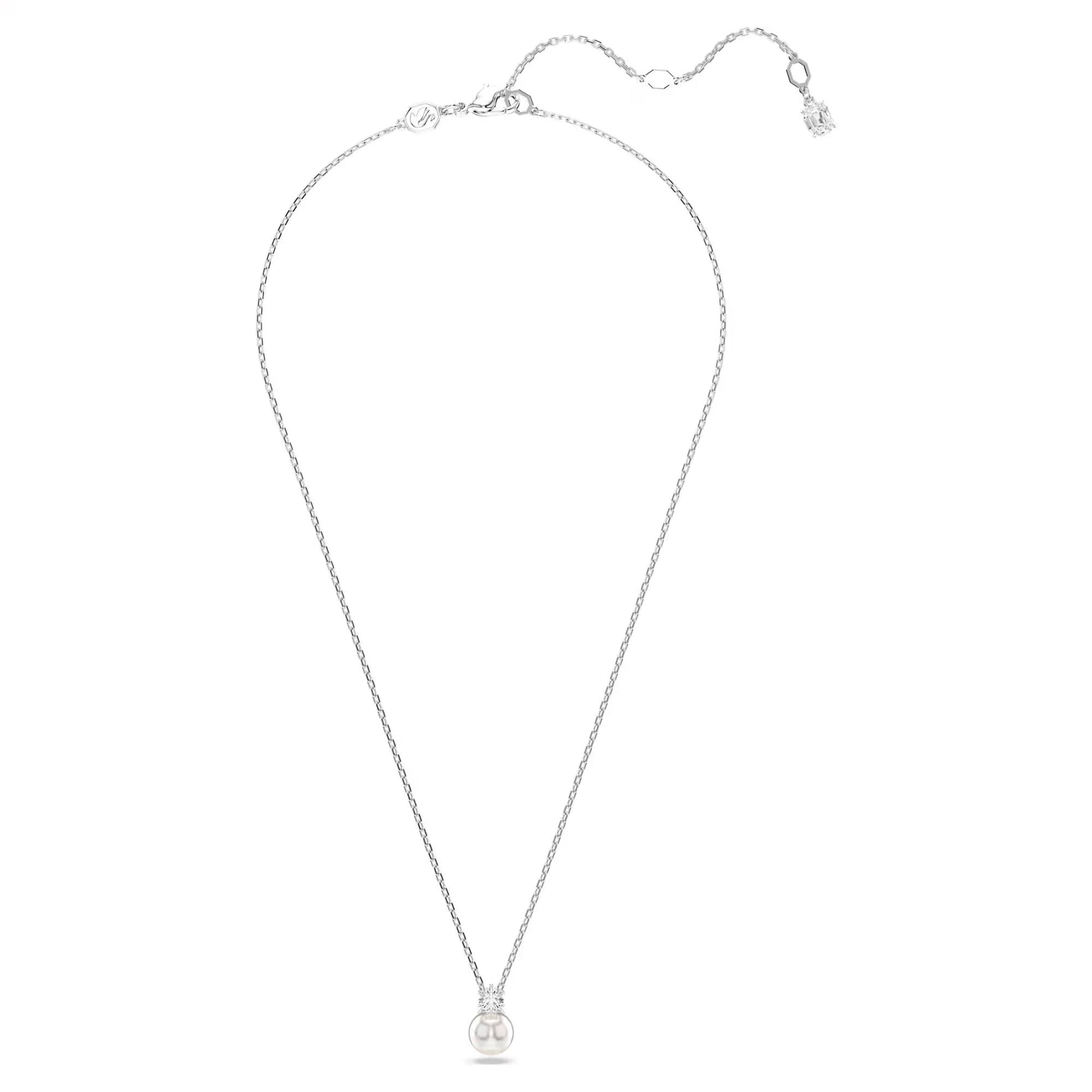 The Swarovski Matrix Necklace Pendant by Swarovski showcases a slender silver chain with a minimalist pendant featuring an interlocking double-circle design that resembles a stylized "G" motif. The pendant is embellished with shimmering Swarovski Zirconia, exuding elegance, while its adjustable clasp guarantees a perfect fit.