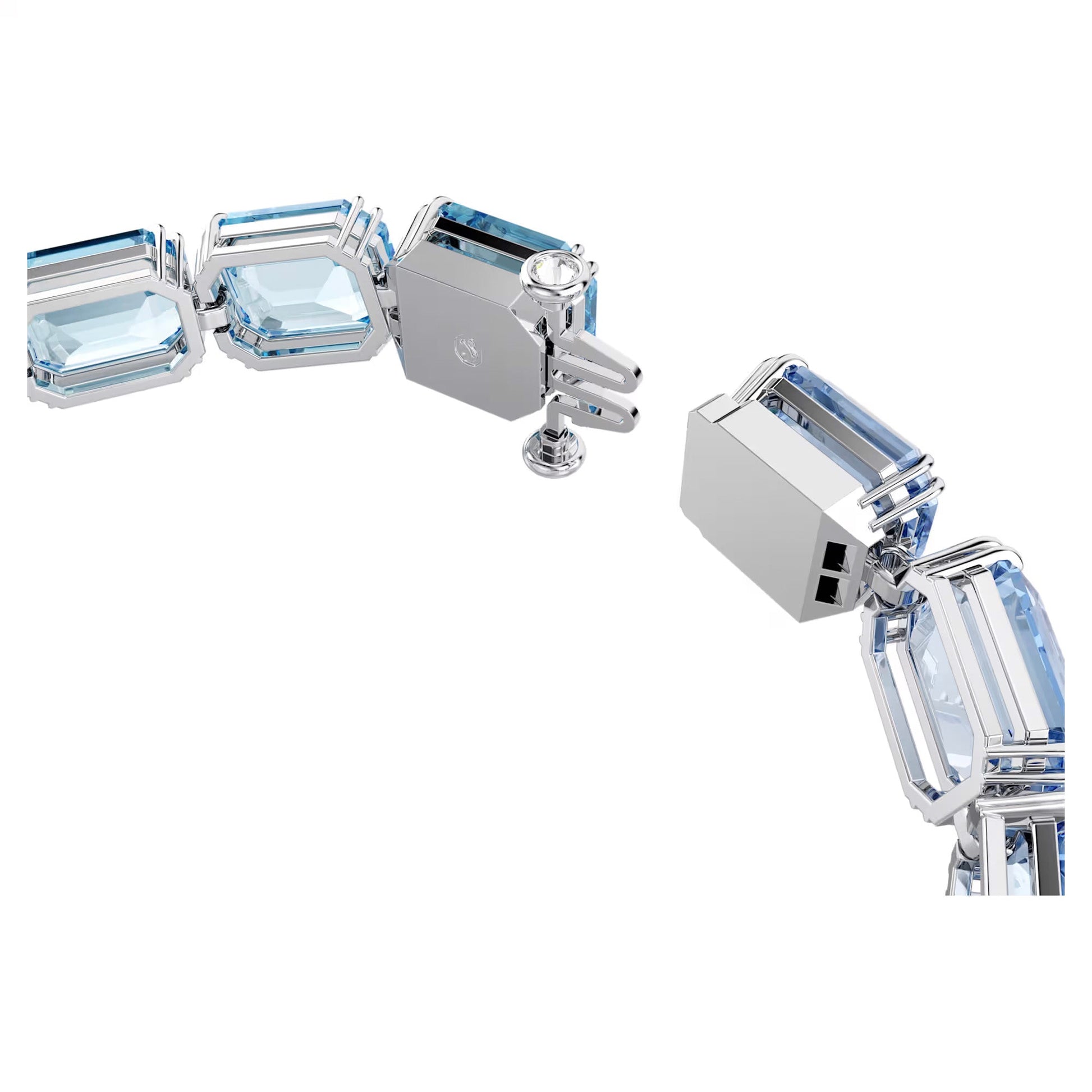 A detailed view of the Swarovski Millenia Tennis Bracelet, showcasing its partially open design with a visible clasp. The rectangular Swarovski ReCreated™ crystals are set elegantly in silver, highlighted against a pristine white background.