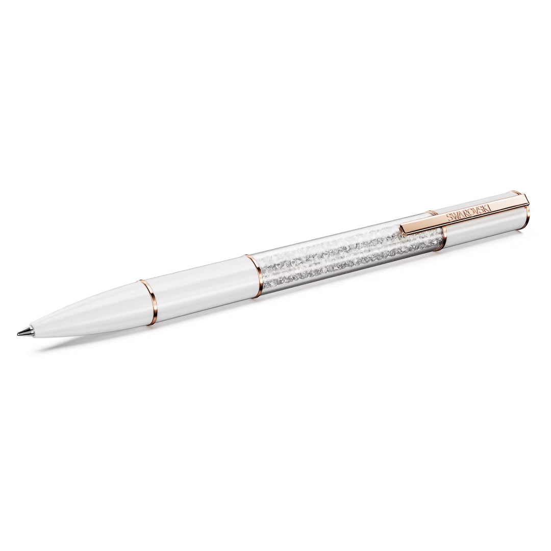 Introducing the Swarovski Crystalline Lustre Ballpoint Pen, a luxurious writing instrument in sleek white and gold. It boasts a transparent section adorned with exquisite crystals and a gold clip engraved with "Swarovski," making it ideal for those who appreciate elegance in every stroke.