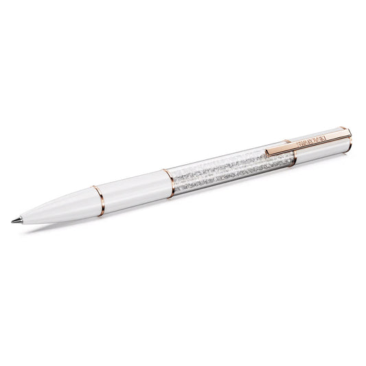 Introducing the Swarovski Crystalline Lustre Ballpoint Pen, a luxurious writing instrument in sleek white and gold. It boasts a transparent section adorned with exquisite crystals and a gold clip engraved with "Swarovski," making it ideal for those who appreciate elegance in every stroke.