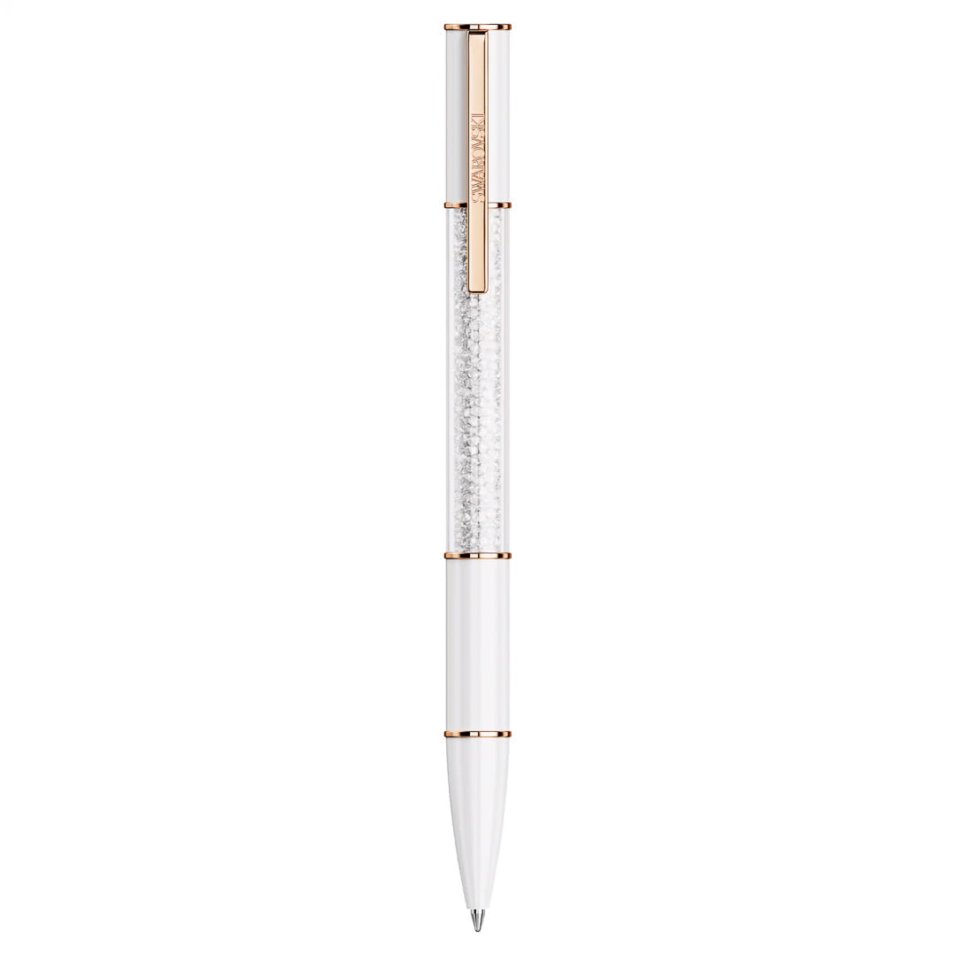 Swarovski's Crystalline Lustre Ballpoint Pen is a sleek white pen featuring gold accents and a transparent section filled with small crystals, displaying a stunning crystalline lustre. The metallic clip and tip enhance its elegant design.