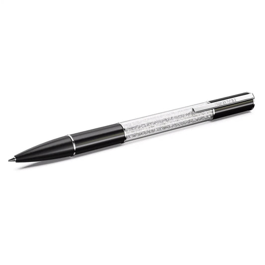 The Swarovski Crystalline Lustre Ballpoint Pen, featuring a black and silver design with a sleek appearance, a clear barrel partially filled with Crystalline Lustre crystals, and a cap clip, is positioned at a slight angle against a plain white background.