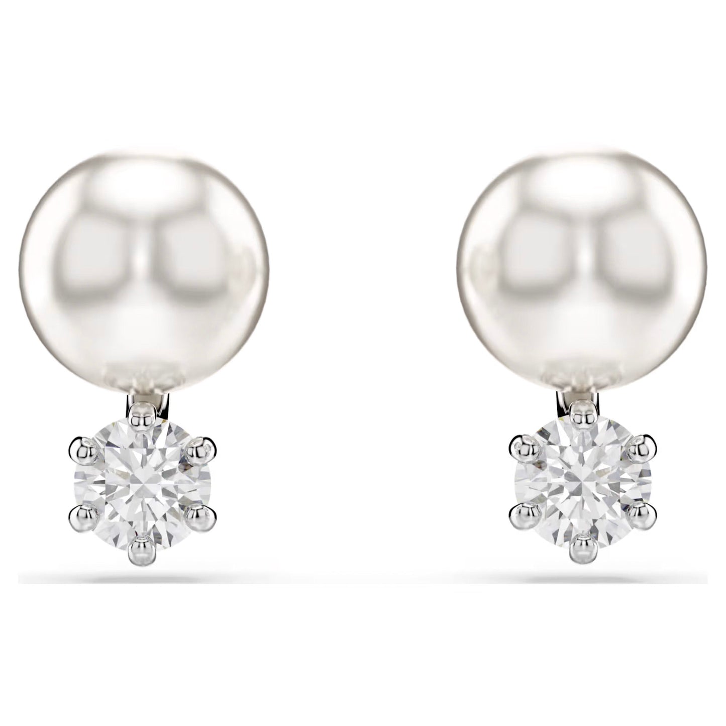 Introducing the Swarovski Matrix Stud Earrings: a sophisticated pair featuring large, round Swarovski Crystal Pearls complemented by sparkling round-cut diamonds, each set in a rhodium-plated mount. Presented elegantly on a plain white background, these earrings reflect the signature craftsmanship of Swarovski.
