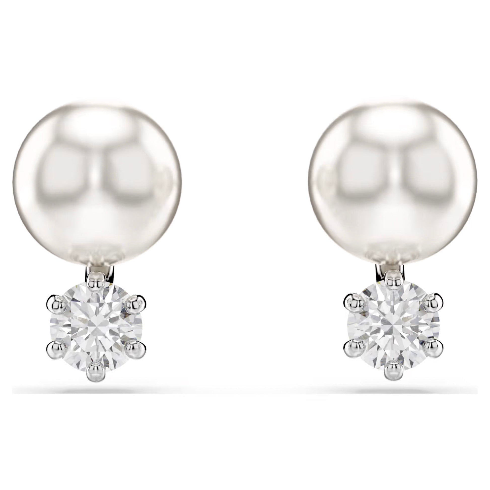 Introducing the Swarovski Matrix Stud Earrings: a sophisticated pair featuring large, round Swarovski Crystal Pearls complemented by sparkling round-cut diamonds, each set in a rhodium-plated mount. Presented elegantly on a plain white background, these earrings reflect the signature craftsmanship of Swarovski.