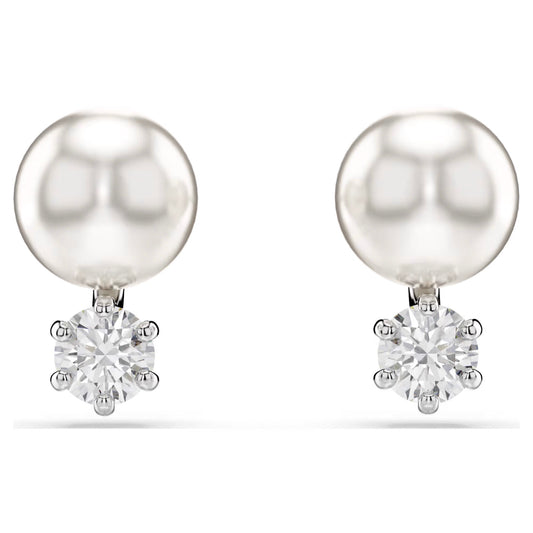 Introducing the Swarovski Matrix Stud Earrings: a sophisticated pair featuring large, round Swarovski Crystal Pearls complemented by sparkling round-cut diamonds, each set in a rhodium-plated mount. Presented elegantly on a plain white background, these earrings reflect the signature craftsmanship of Swarovski.