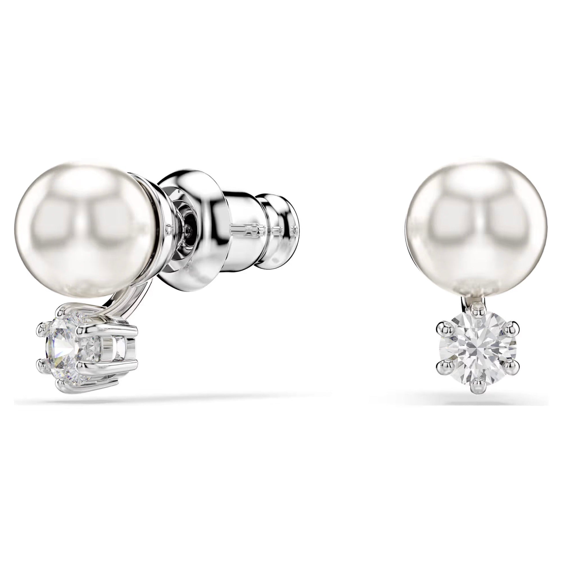Introducing the Swarovski Matrix Stud Earrings by Swarovski, featuring a sophisticated design with a stunning Swarovski Crystal Pearl stud and a dazzling Swarovski Zirconia accent. The earrings are rhodium-plated in shiny silver metal. One earring is displayed from the side to showcase its intricate structure and backing.