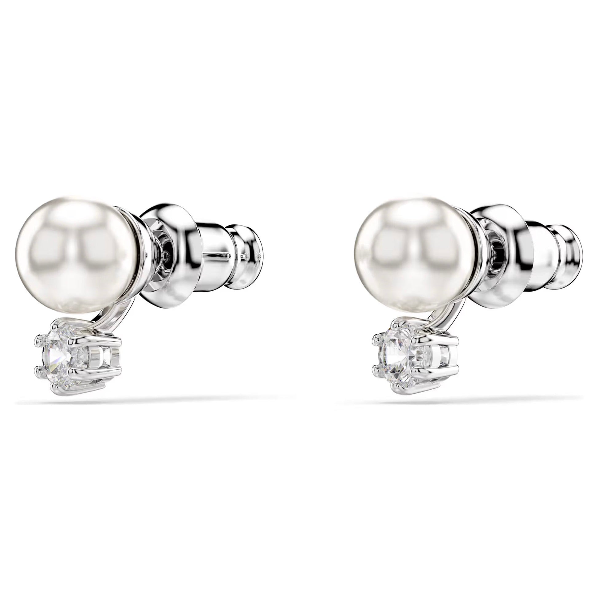 Introducing the Swarovski Matrix Stud Earrings by Swarovski, a modern and sophisticated accessory. This elegant pair is crafted with a polished rhodium-plated silver setting and features a stunning Swarovski Crystal Pearl accompanied by a sparkling diamond accent, beautifully set against a plain white background.