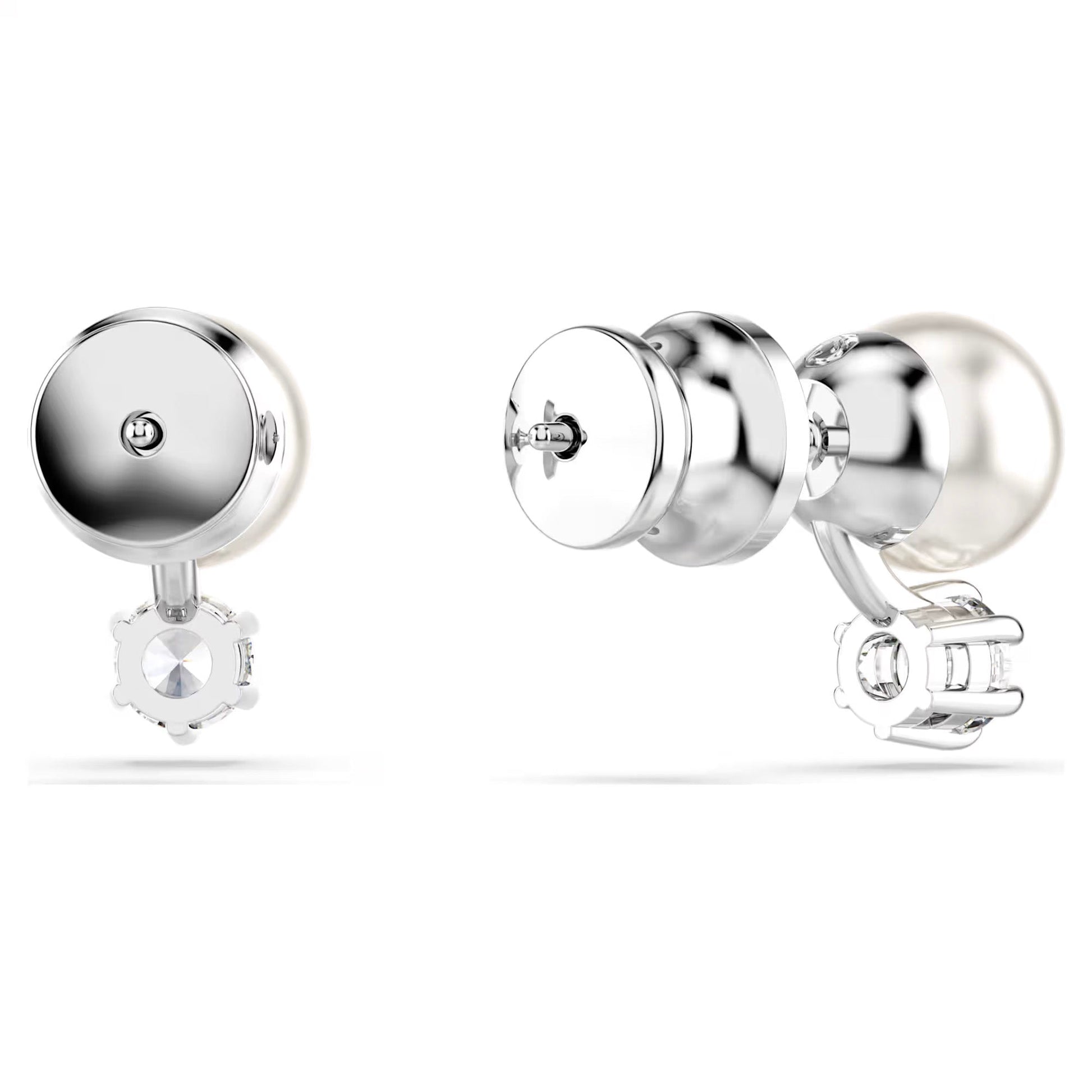 The Swarovski Matrix Stud Earrings from Swarovski feature a circular silver base adorned with Swarovski Crystal Pearls, all showcased against a white background. The design is elegantly finished with a pearl embellishment and a gear-like accent at the end.