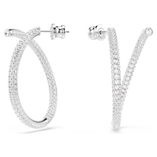 A pair of Swarovski Dextera Hoop Earrings encrusted with small diamonds. The intricate design features clear pavé and showcases overlapping loops, reflecting light for a dazzling effect. These rhodium-plated hoops are displayed from both a side angle and head-on view against a white background.
