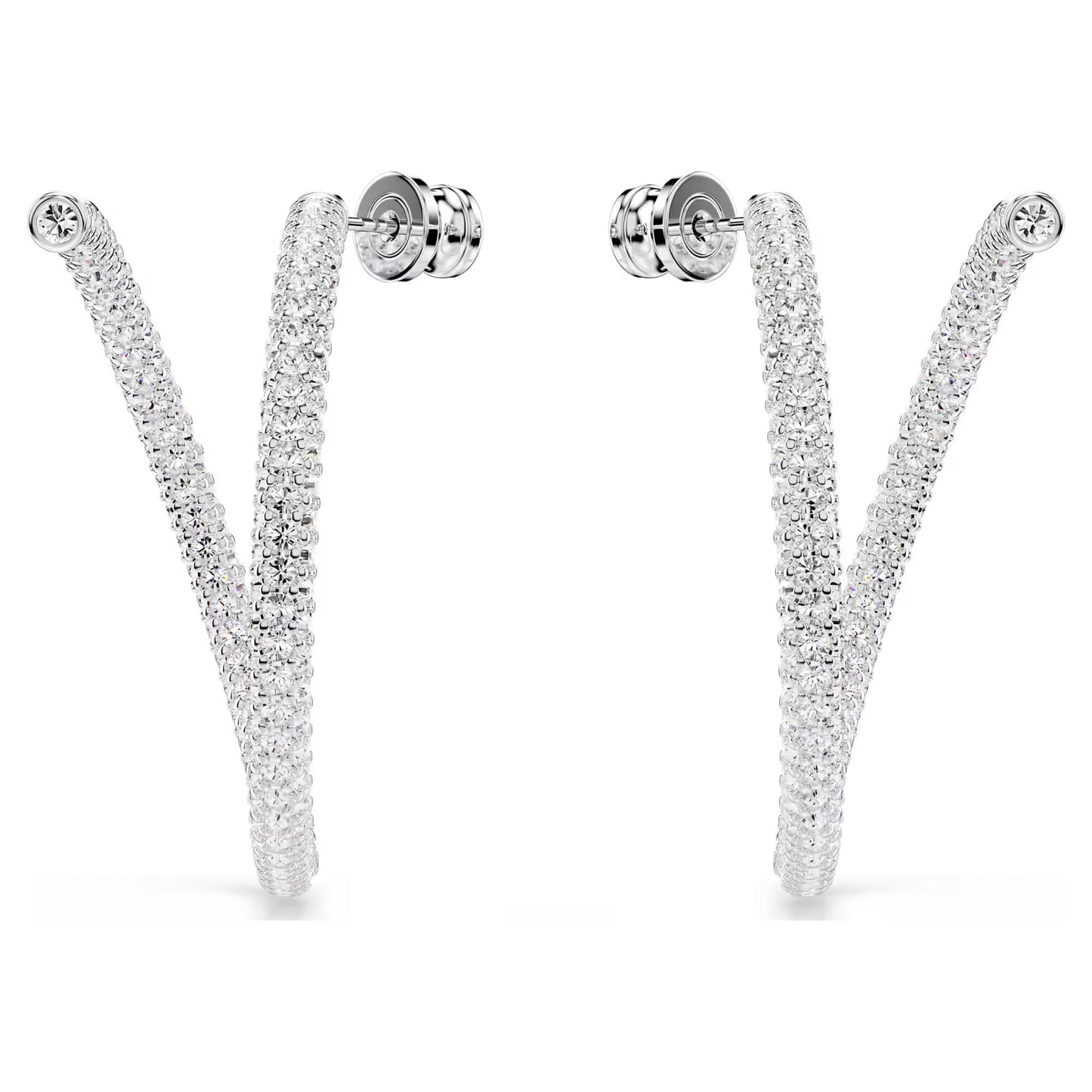 Introducing the Swarovski Dextera Hoop Earrings: a stunning pair of silver, V-shaped treasures adorned with clear pavé gemstones. These rhodium-plated beauties from Swarovski showcase a slim, curved design and a stud at the top, ideal for adding an elegant touch to any outfit.