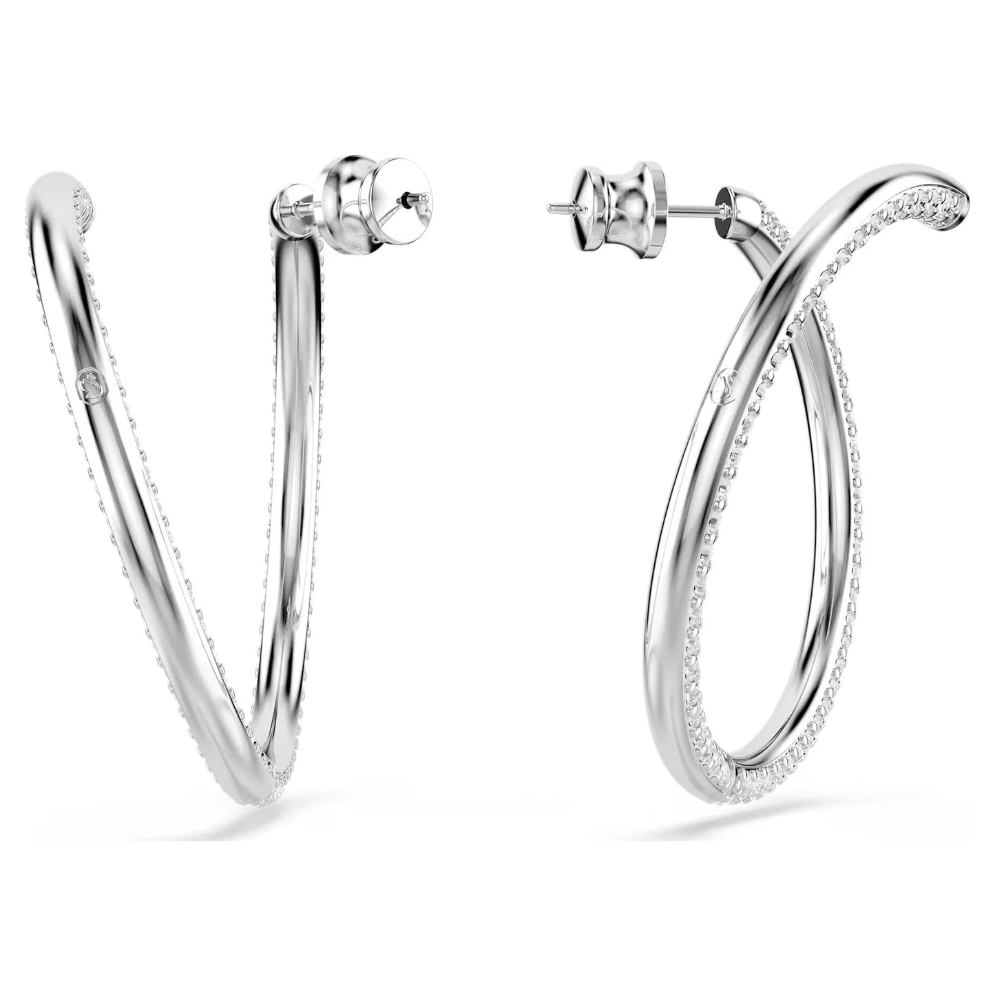 The Swarovski Dextera Hoop Earrings showcase a sophisticated twisted hoop design, adorned with small clear pavé crystals and plated in rhodium. These polished silver earrings stand out beautifully against a white background, emphasizing their elegant and modern aesthetic.