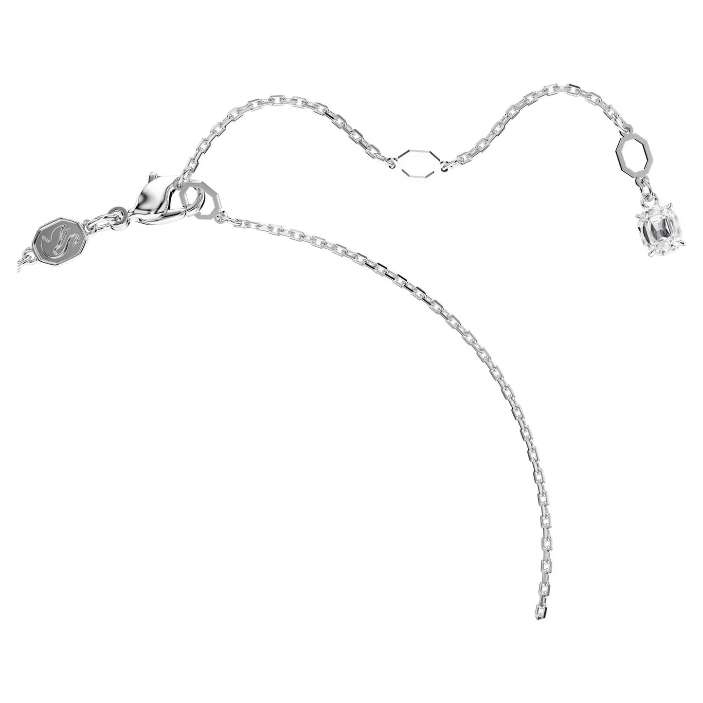 The Swarovski Imber Necklace Pendant, crafted by Swarovski, is a delicate piece featuring a fine silver chain with two small geometric pendants adorned with Swarovski Zirconia. Its rhodium-plated chain elegantly curves in a flowing shape and includes a secure lobster clasp closure, highlighting its simplicity and elegance against a plain white background.