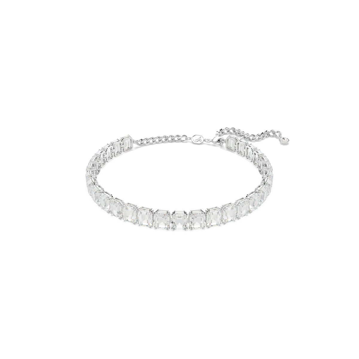 The Swarovski Millenia choker features a row of white, octagon-cut gemstones set in rhodium plating, with an adjustable chain clasp, displayed on a white background.