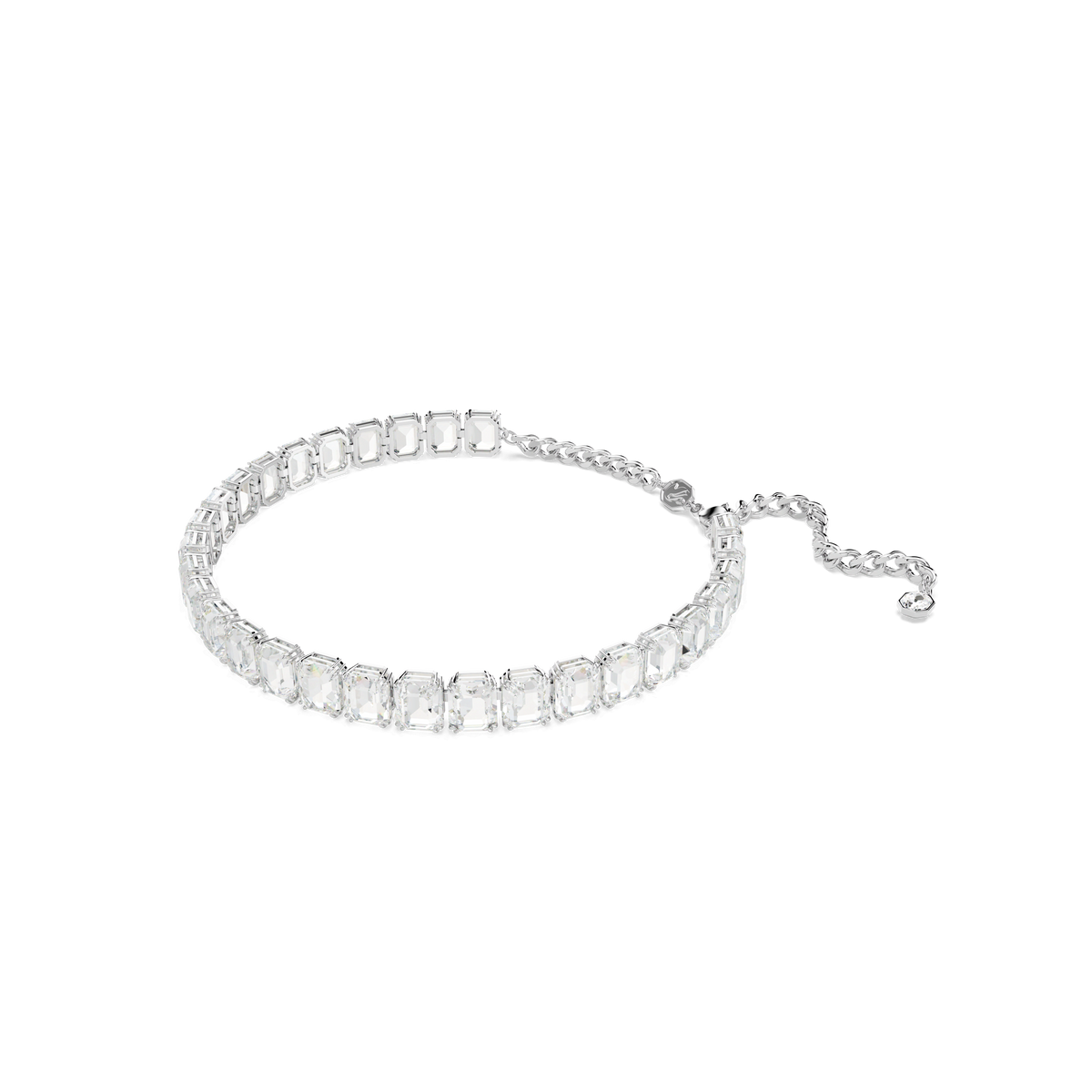 A rhodium-plated choker from Swarovski, featuring octagon-cut clear white gemstones and an adjustable clasp, inspired by the iconic elegance of the Swarovski Millenia collection. This sophisticated piece brings a touch of Swarovski Canada luxury to any ensemble.