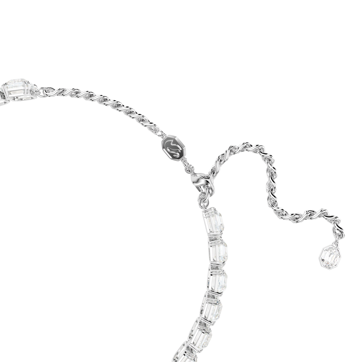 A close-up of the Swarovski Millenia choker, featuring octagon-cut white stones and a rhodium-plated twisted chain, displayed on a white background—a piece that exemplifies the timeless elegance of Swarovski, available at Swarovski Canada.