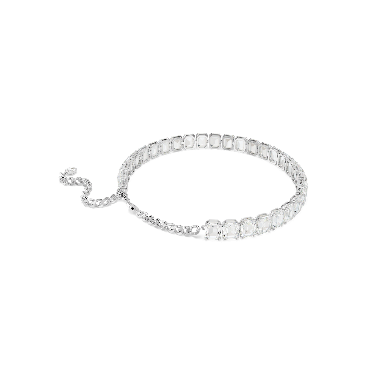 A Swarovski Millenia choker featuring octagon-cut clear gemstones, crafted in white with rhodium plating and an adjustable chain and clasp, is displayed on a white background.