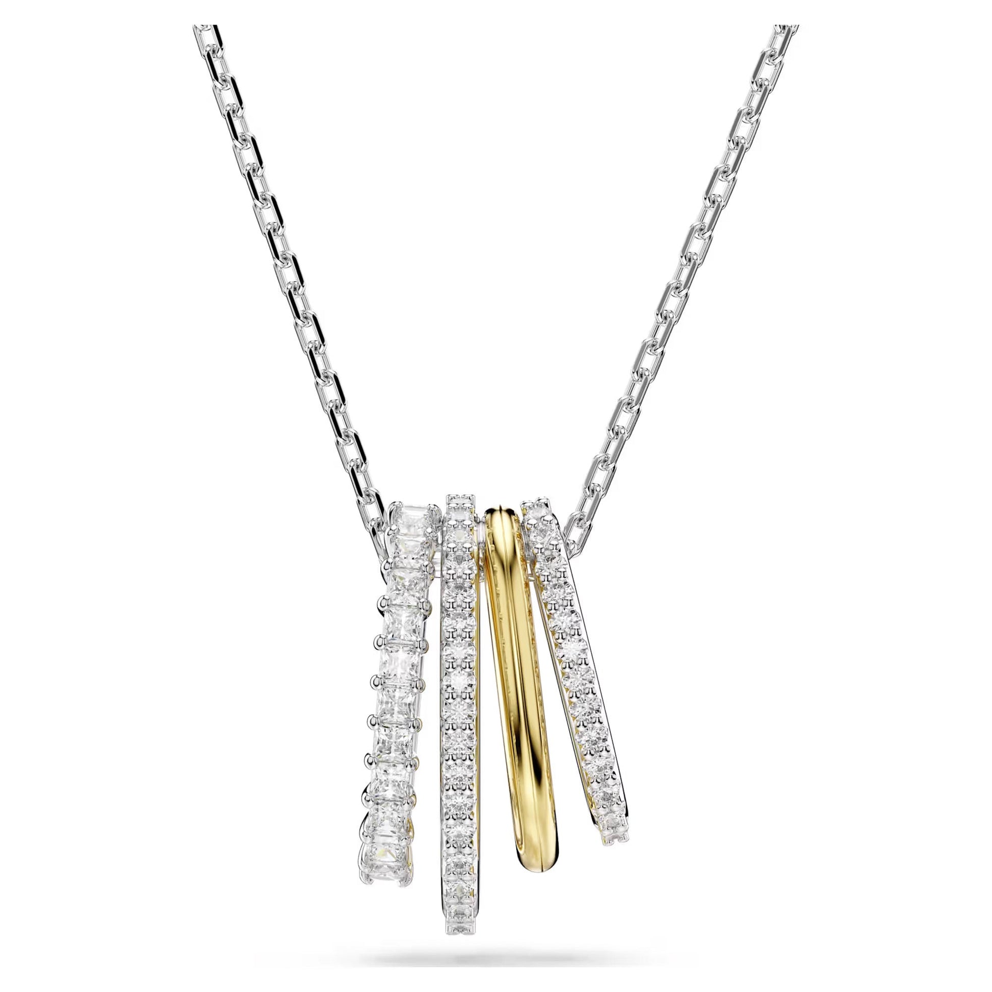 Introducing the Swarovski Hyperbola Mixed Cuts Necklace Pendant by Swarovski, which boasts a unique mixed metal design. It features an elegant gold chain adorned with four intertwined pendants: one smooth gold hyperbola pendant and three silver hyperbolas, each beautifully encrusted with sparkling Swarovski Zirconia.