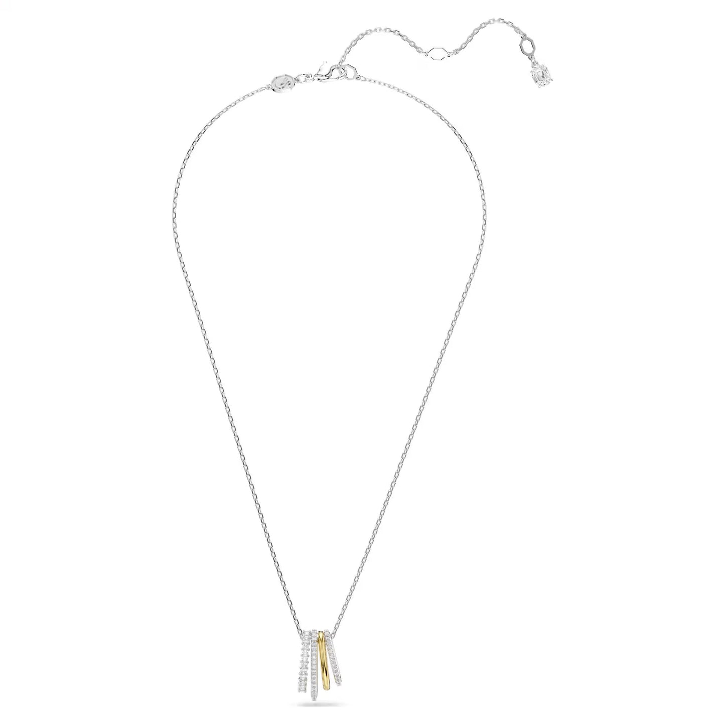 The Swarovski Hyperbola Mixed Cuts Necklace Pendant by Swarovski is a delicate piece of luxury jewelry. It features a thin chain with an adjustable clasp, and three slender pendants—two are adorned with shimmering Swarovski Zirconia and one is plain gold—creating a simple and elegant design.