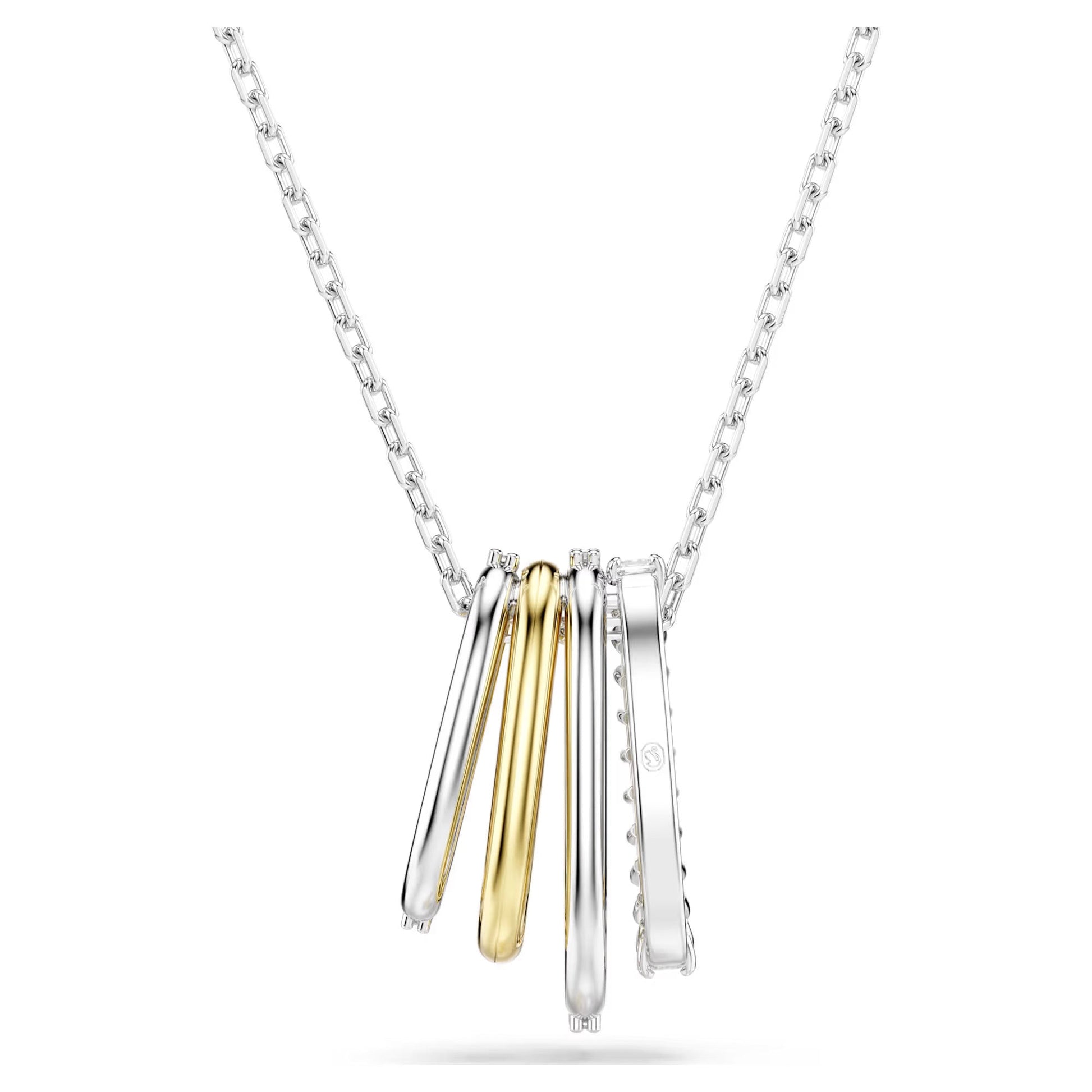 The Swarovski Hyperbola Mixed Cuts Necklace Pendant by Swarovski boasts a sleek silver chain adorned with four circular metal pendants, including an exquisite Swarovski Zirconia. These pendants, designed in both silver and gold and featuring delicate embellishments, hang in a modern, minimalist fashion that enhances any luxury jewelry collection.