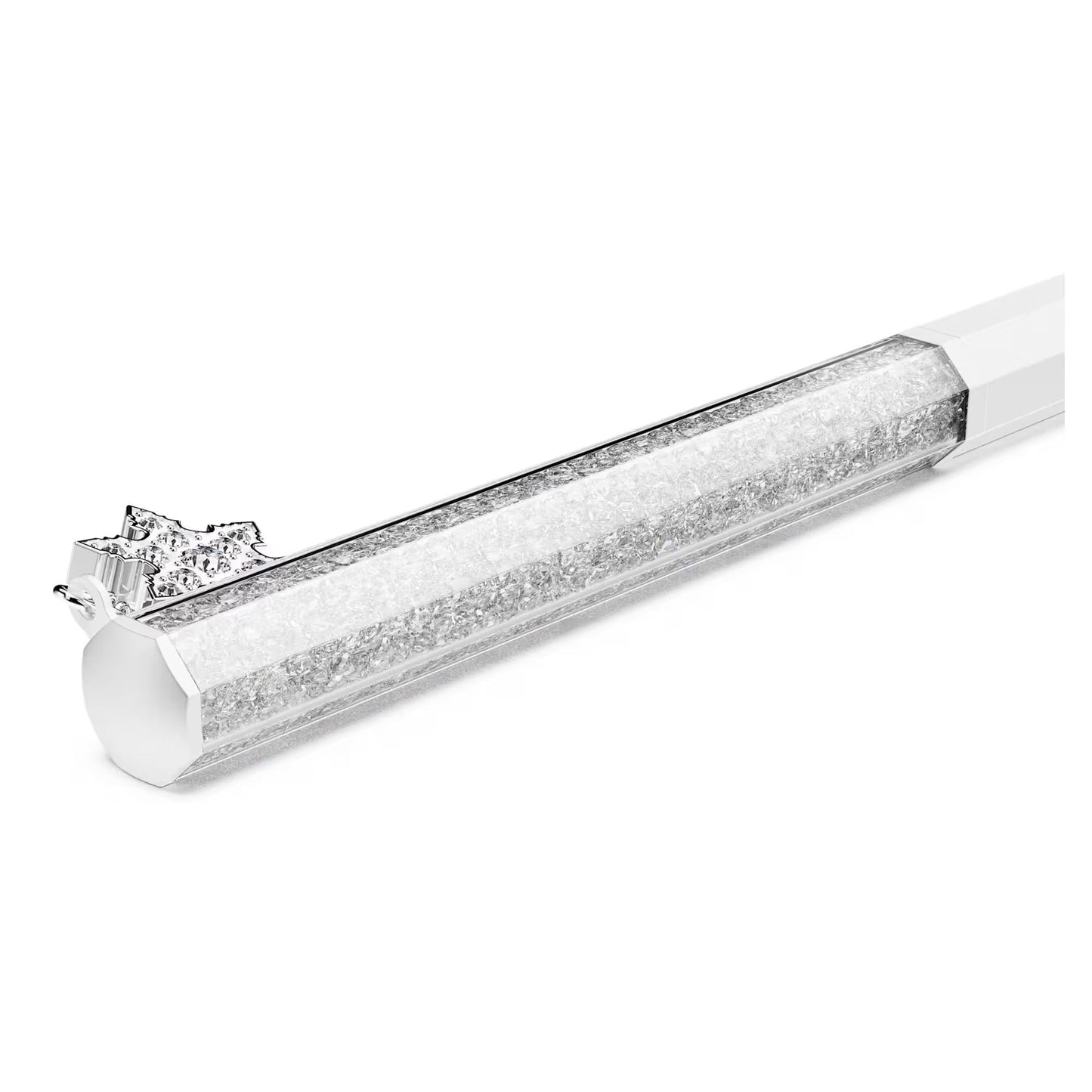 Introducing the Swarovski Crystalline Ballpoint Pen, a sophisticated writing instrument from Swarovski. This pen showcases a transparent barrel filled with shimmering crystals crafted using the iconic Crystalline technique. Its design is accentuated by a silver star-shaped embellishment near the top, adding an extra touch of elegance and sparkle to its modern, luxurious appearance.