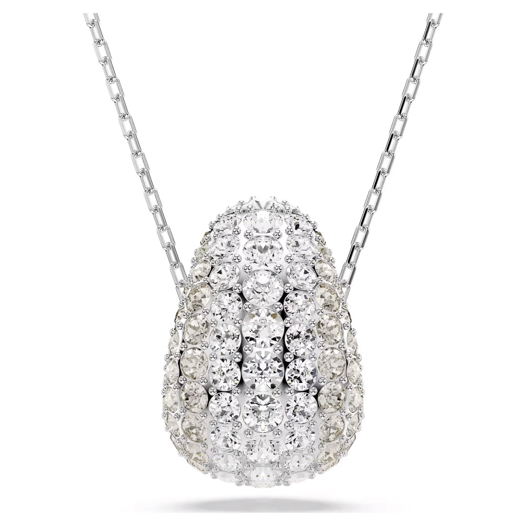 The Swarovski Sublima Necklace Pendant by Swarovski showcases a teardrop-shaped charm adorned with sparkling clear crystals, elegantly set on a delicate rhodium-plated silver chain.