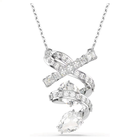 The Swarovski Hyperbola Necklace Pendant by Swarovski showcases a rhodium-plated silver chain complete with an intricate pendant. This elegant design features two large pear-shaped gemstones and interwoven bands adorned with sparkling Swarovski Zirconia, creating a graceful flow.