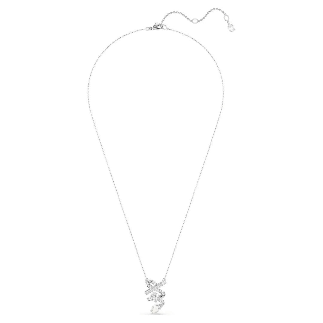 The Swarovski Hyperbola Necklace Pendant features a delicate silver necklace with a rhodium-plated chain and an intricate pendant design, showcasing interwoven loops accented with small Swarovski Zirconia stones, all against a plain white background.