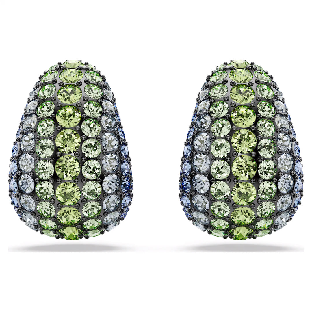 Introducing the Swarovski Sumlima Drop Earrings, a pair of teardrop-shaped beauties adorned with rows of sparkling marine crystals in shades of green, gray, and blue. These ruthenium-plated earrings by Swarovski boast a textured, luxurious appearance that creates a stunning gradient effect.