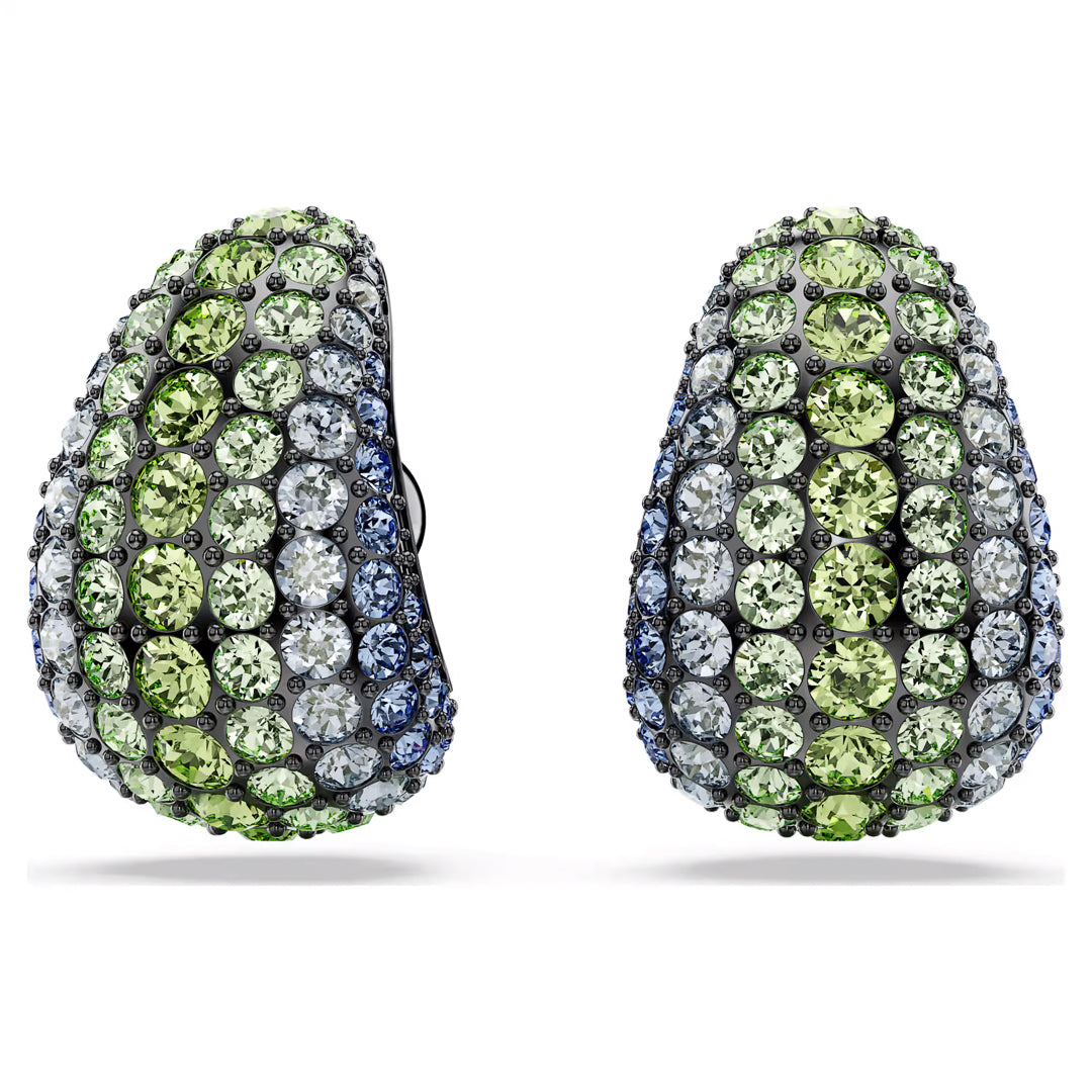 A detailed view of the Swarovski Sumlima Drop Earrings reveals their teardrop shape, plated with ruthenium and adorned with shimmering green, blue, and clear marine crystals. The gemstones display an ombre effect, meticulously set close together to achieve a luxurious and intricate look.