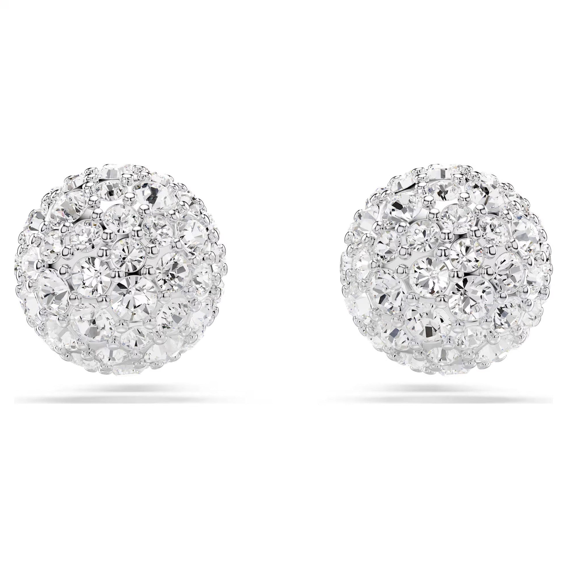 Close-up of two round, dazzling Swarovski Dextera Stud Earrings adorned with numerous small, clear crystals. These rhodium-plated earrings feature a textured, shimmering surface and are displayed against a plain white background.