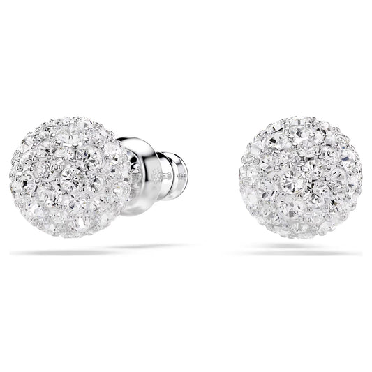 Close-up of a pair of Swarovski Dextera Stud Earrings, featuring round, rhodium-plated design encrusted with sparkling crystals. Each earring showcases a smooth metal base adorned with a clustered arrangement of shiny gems, exuding a luxurious and elegant appearance.