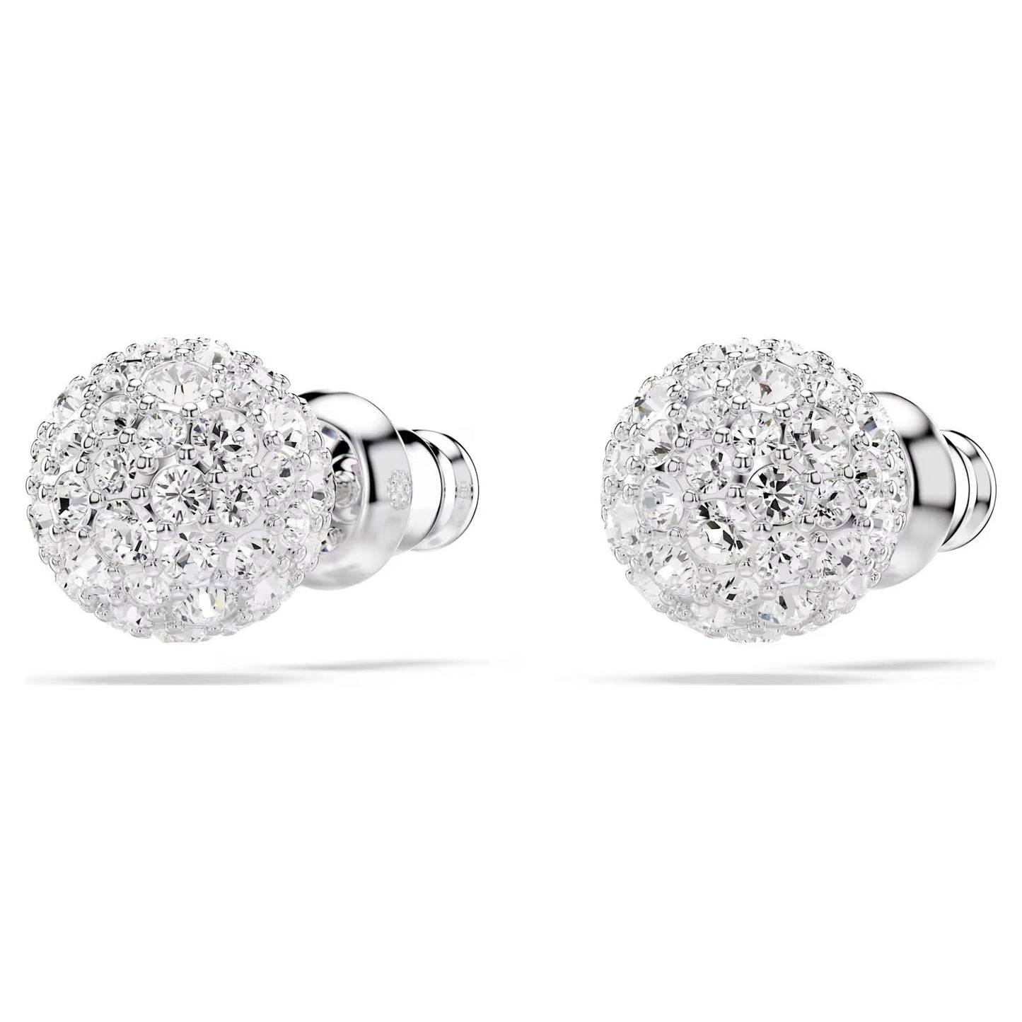 Introducing the Swarovski Dextera Stud Earrings, a pair of round, silver earrings adorned with small, sparkling crystals set against a pristine white backdrop. These elegant studs are rhodium plated for a lustrous finish and feature a spherical shape with a shiny, textured surface, making them perfect for sophisticated fashion wear.