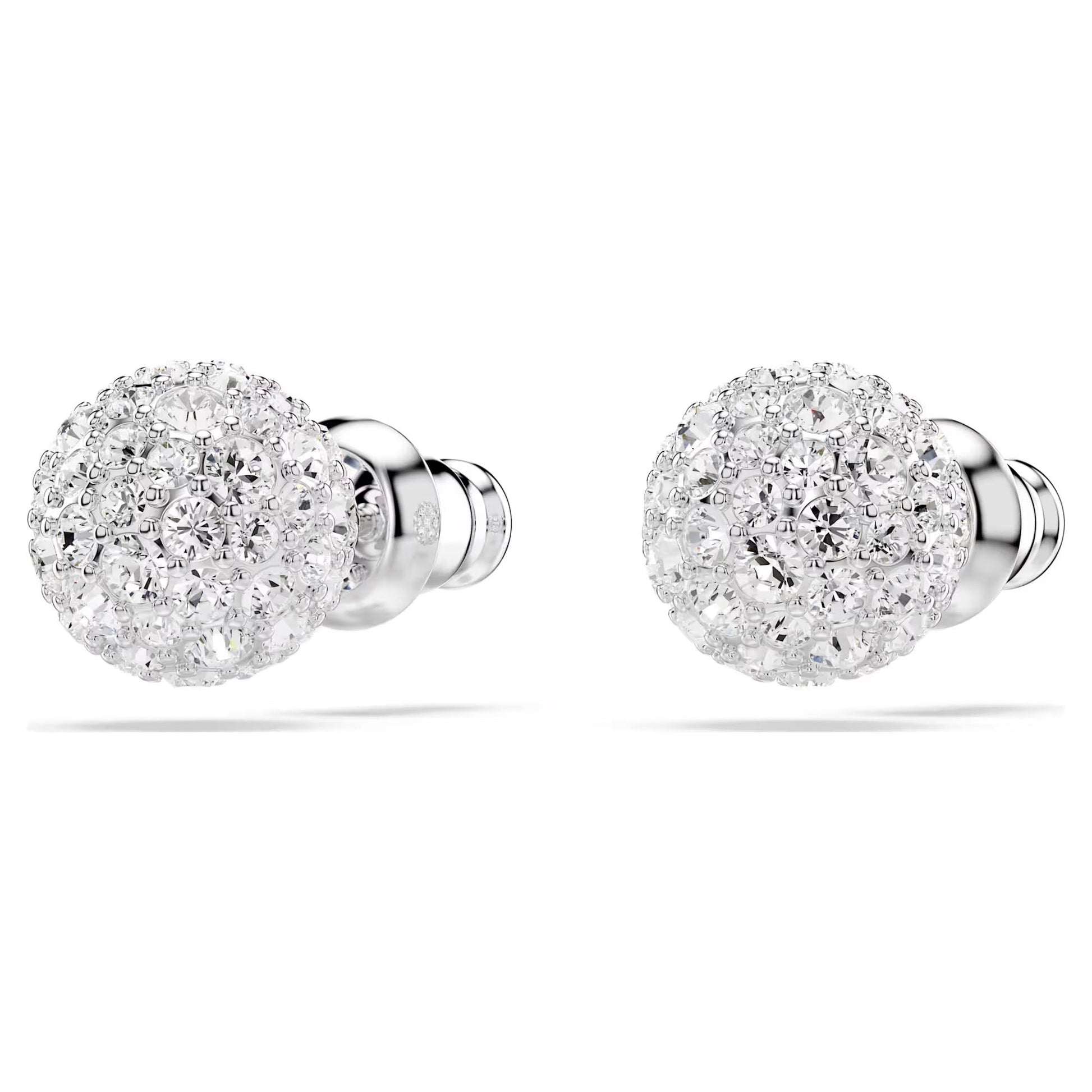 Introducing the Swarovski Dextera Stud Earrings, a pair of round, silver earrings adorned with small, sparkling crystals set against a pristine white backdrop. These elegant studs are rhodium plated for a lustrous finish and feature a spherical shape with a shiny, textured surface, making them perfect for sophisticated fashion wear.