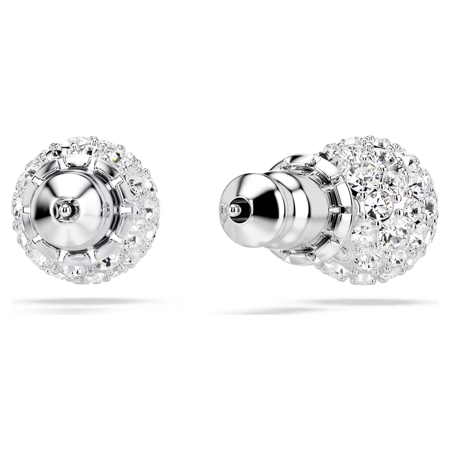 A side view of the Swarovski Dextera Stud Earrings features round, rhodium-plated earphones adorned with sparkling white crystals. The design mimics a cluster of diamonds, exuding an elegant and luxurious aesthetic akin to Swarovski's signature style.