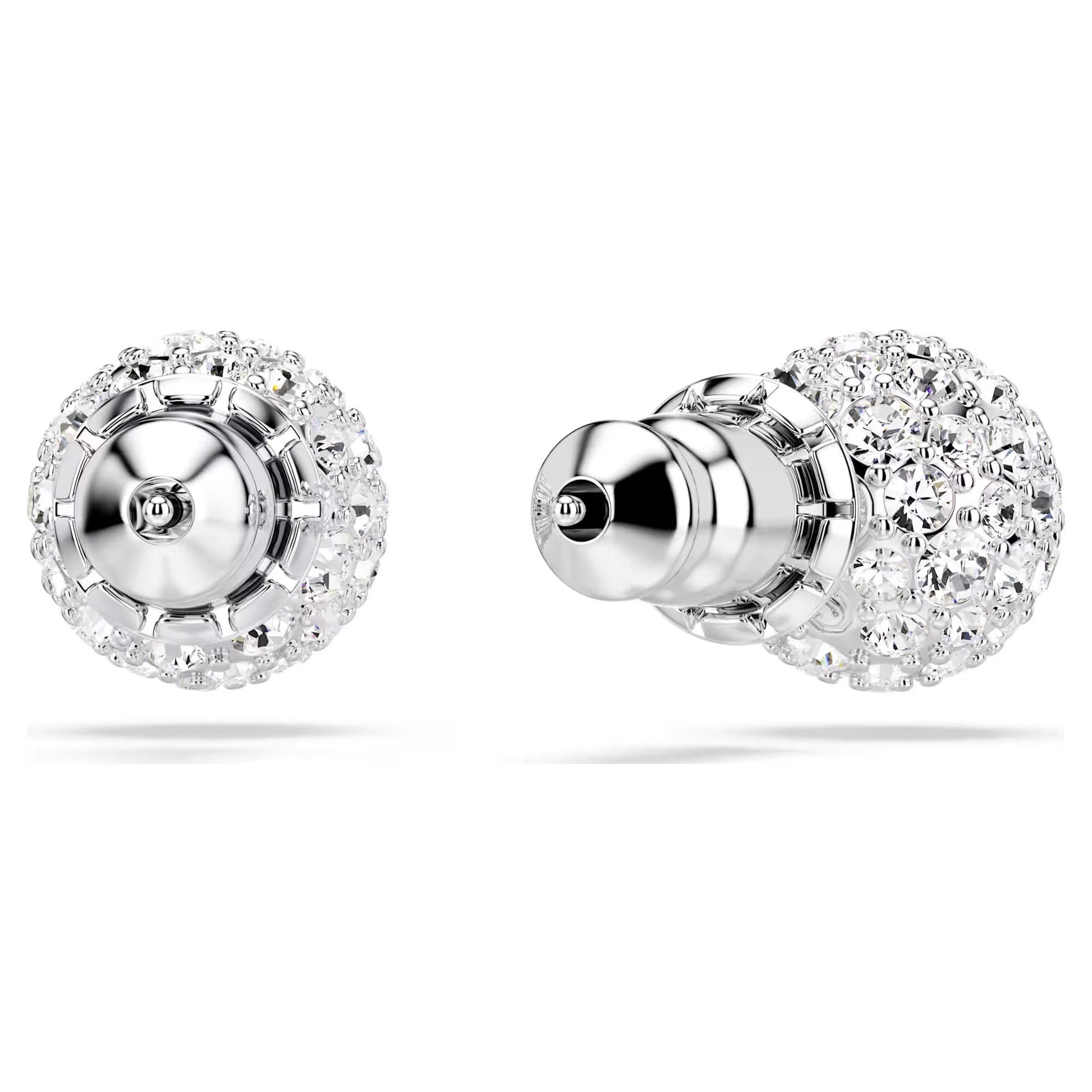 A side view of the Swarovski Dextera Stud Earrings features round, rhodium-plated earphones adorned with sparkling white crystals. The design mimics a cluster of diamonds, exuding an elegant and luxurious aesthetic akin to Swarovski's signature style.