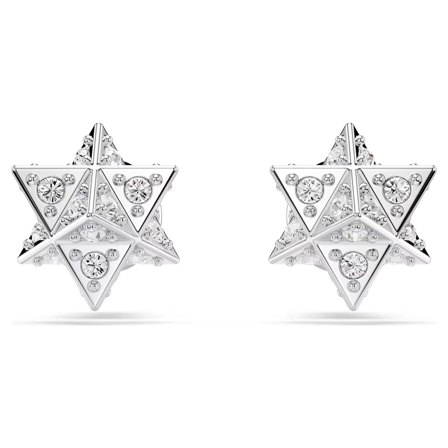 Swarovski Dextera Star Stud Earrings showcase geometric star-shaped designs, crafted from rhodium-plated silver and embellished with small clear crystals, photographed against a plain white background.