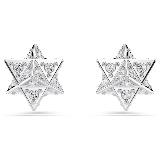 Swarovski Dextera Star Stud Earrings showcase geometric star-shaped designs, crafted from rhodium-plated silver and embellished with small clear crystals, photographed against a plain white background.
