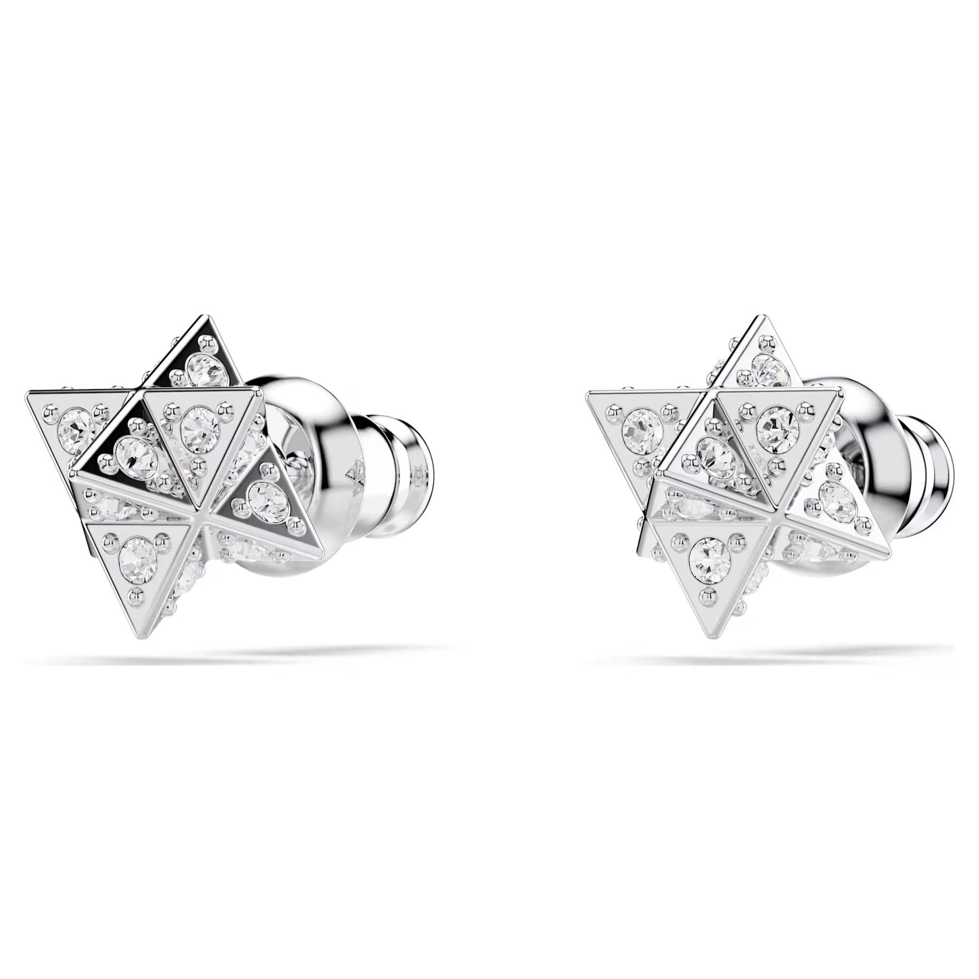 A close-up of the Swarovski Dextera Star Stud Earrings reveals their silver geometric star design adorned with embedded crystals. The rhodium-plated surface highlights intricate craftsmanship, sparkling brilliantly against a plain white background.